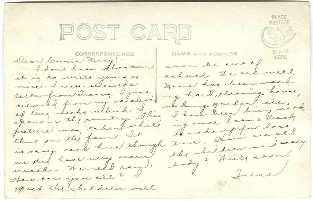 Undated postcard from Mary’s cousin Irene | An Upbuilding Life